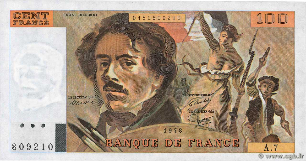100 Francs DELACROIX modifié FRANCIA  1978 F.69.01d q.FDC