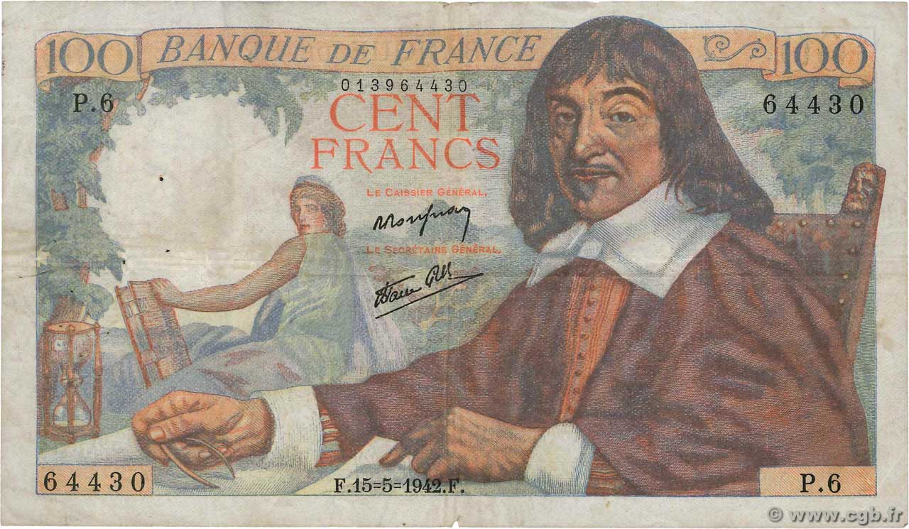 100 Francs DESCARTES FRANKREICH  1942 F.27.01 S