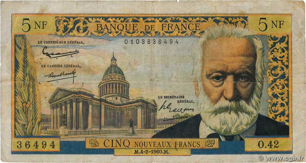 5 Nouveaux Francs VICTOR HUGO FRANCIA  1960 F.56.05 RC+