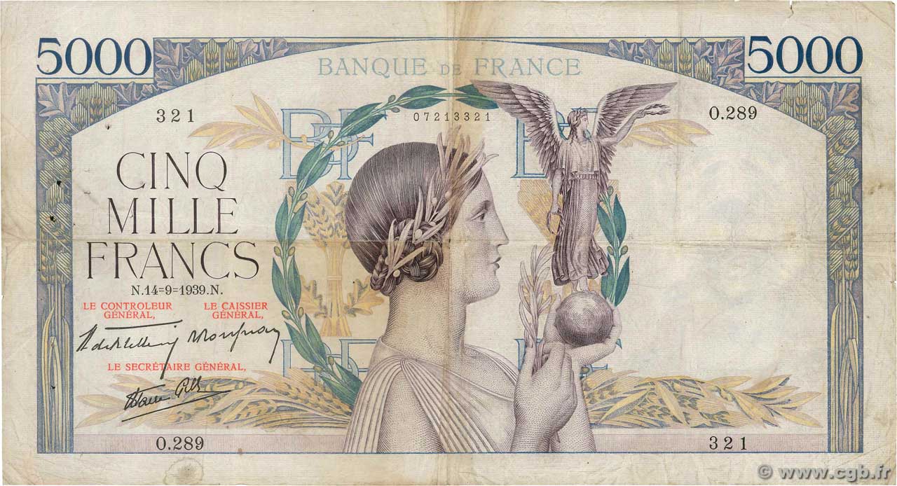 5000 Francs VICTOIRE Impression à plat FRANKREICH  1939 F.46.10 fS