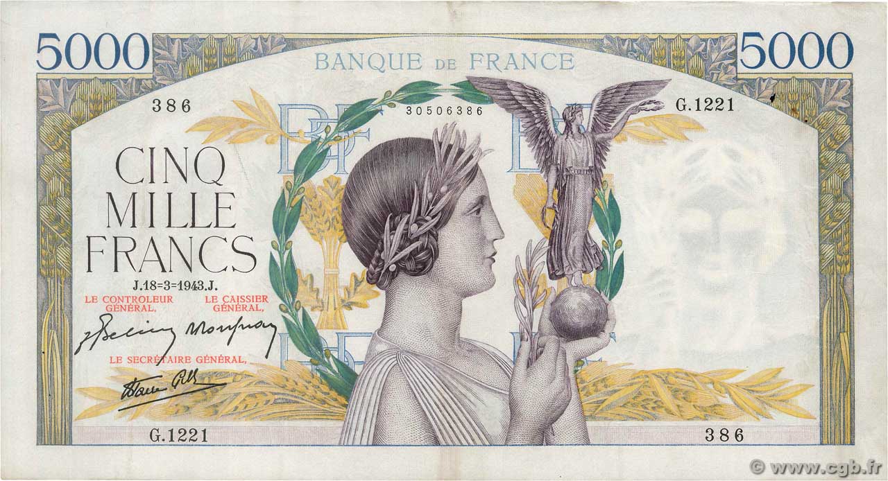 5000 Francs VICTOIRE Impression à plat FRANKREICH  1943 F.46.49 fSS
