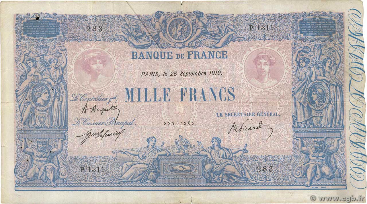 1000 Francs BLEU ET ROSE FRANCE  1919 F.36.34 TB+