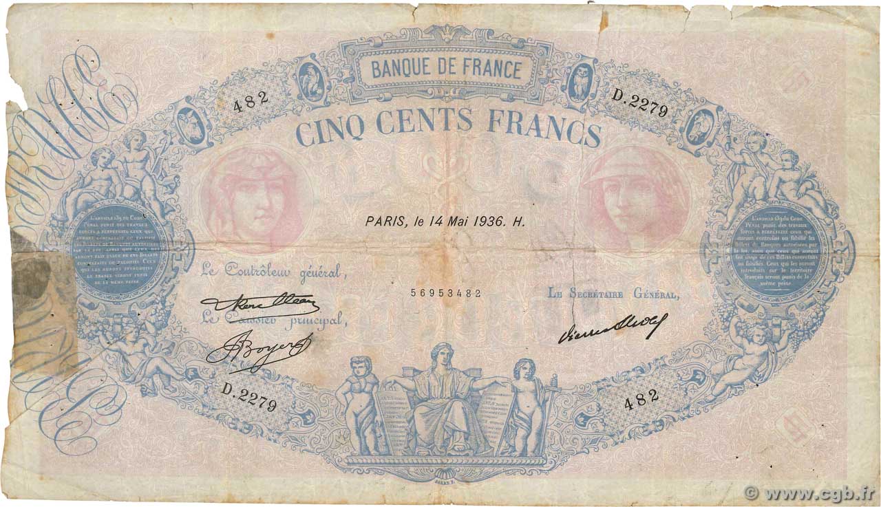 500 Francs BLEU ET ROSE FRANCE  1936 F.30.37 pr.B