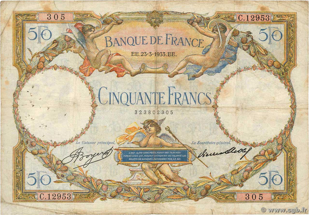 50 Francs LUC OLIVIER MERSON type modifié FRANCE  1933 F.16.04 pr.TB