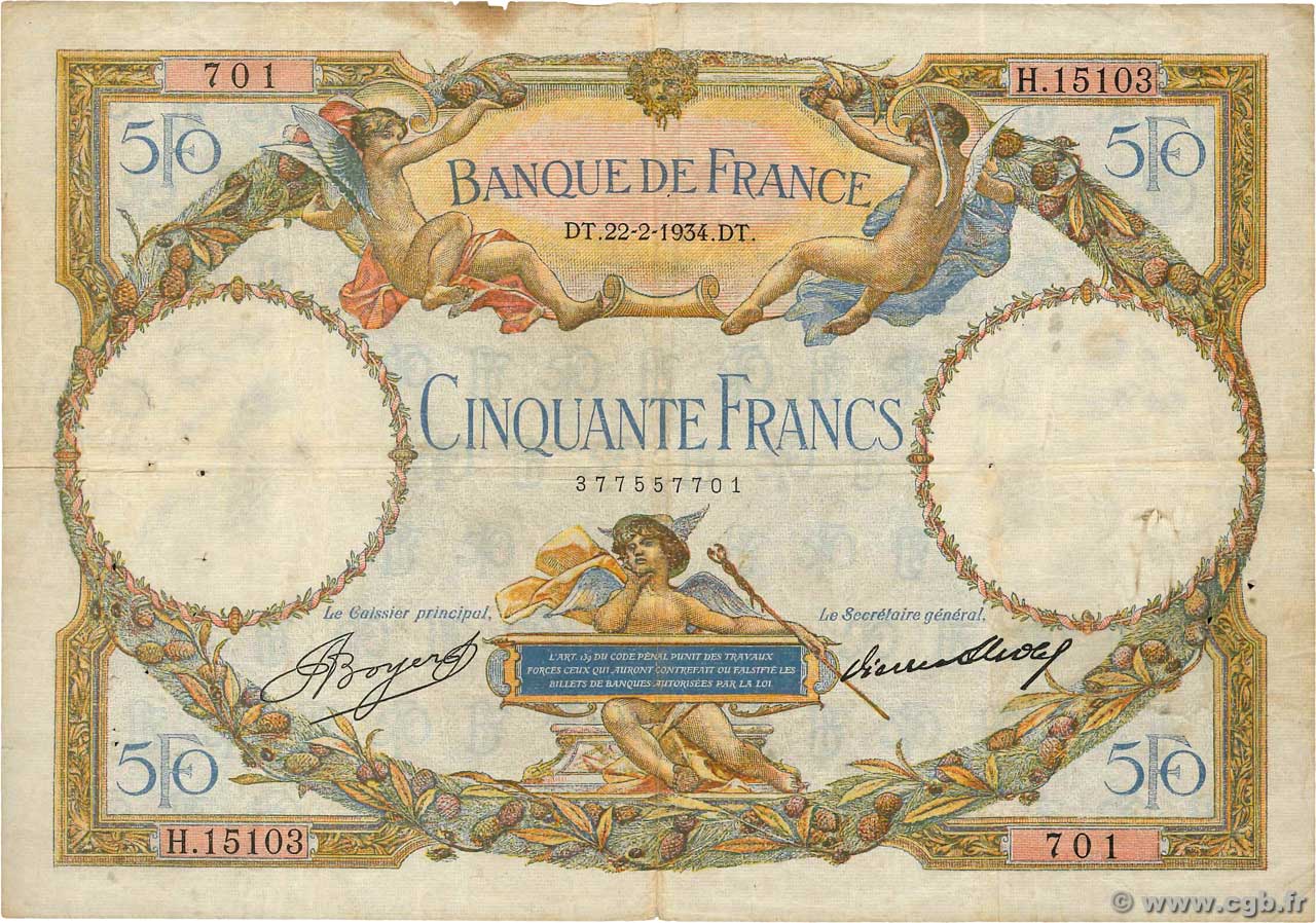 50 Francs LUC OLIVIER MERSON type modifié FRANCE  1934 F.16.05 TB