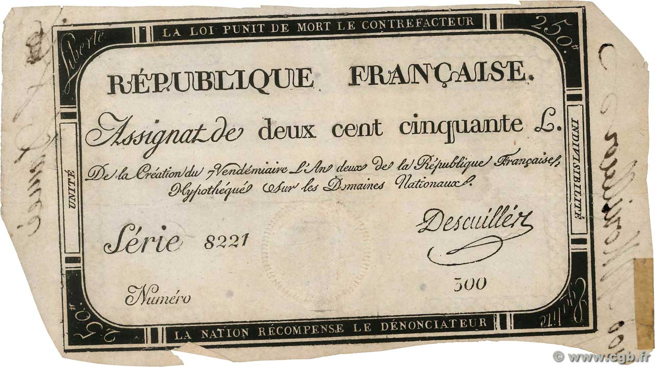 250 Livres FRANKREICH  1793 Ass.45a fSS
