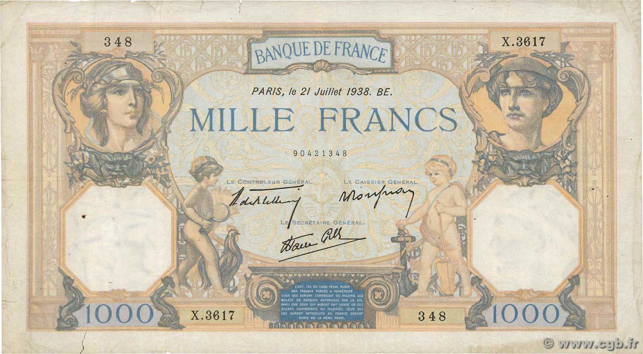 1000 Francs CÉRÈS ET MERCURE type modifié FRANCE  1938 F.38.24 TB+
