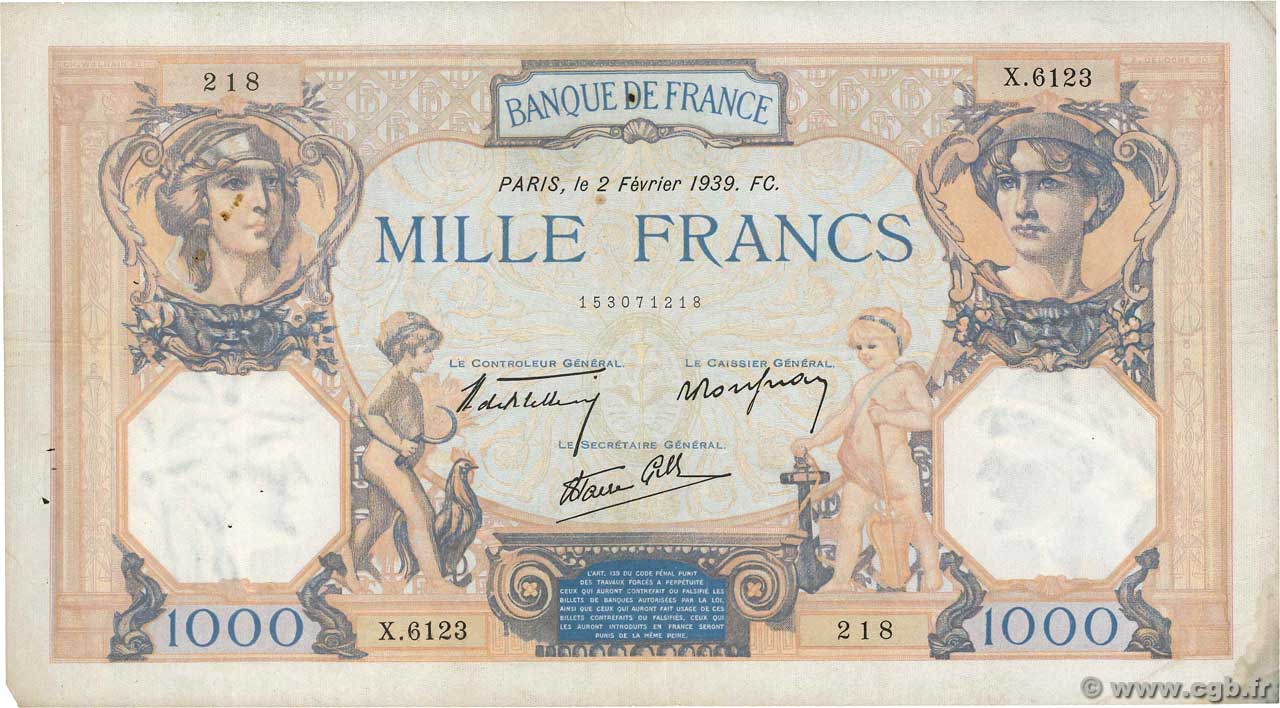 1000 Francs CÉRÈS ET MERCURE type modifié FRANCE  1939 F.38.34 TB+
