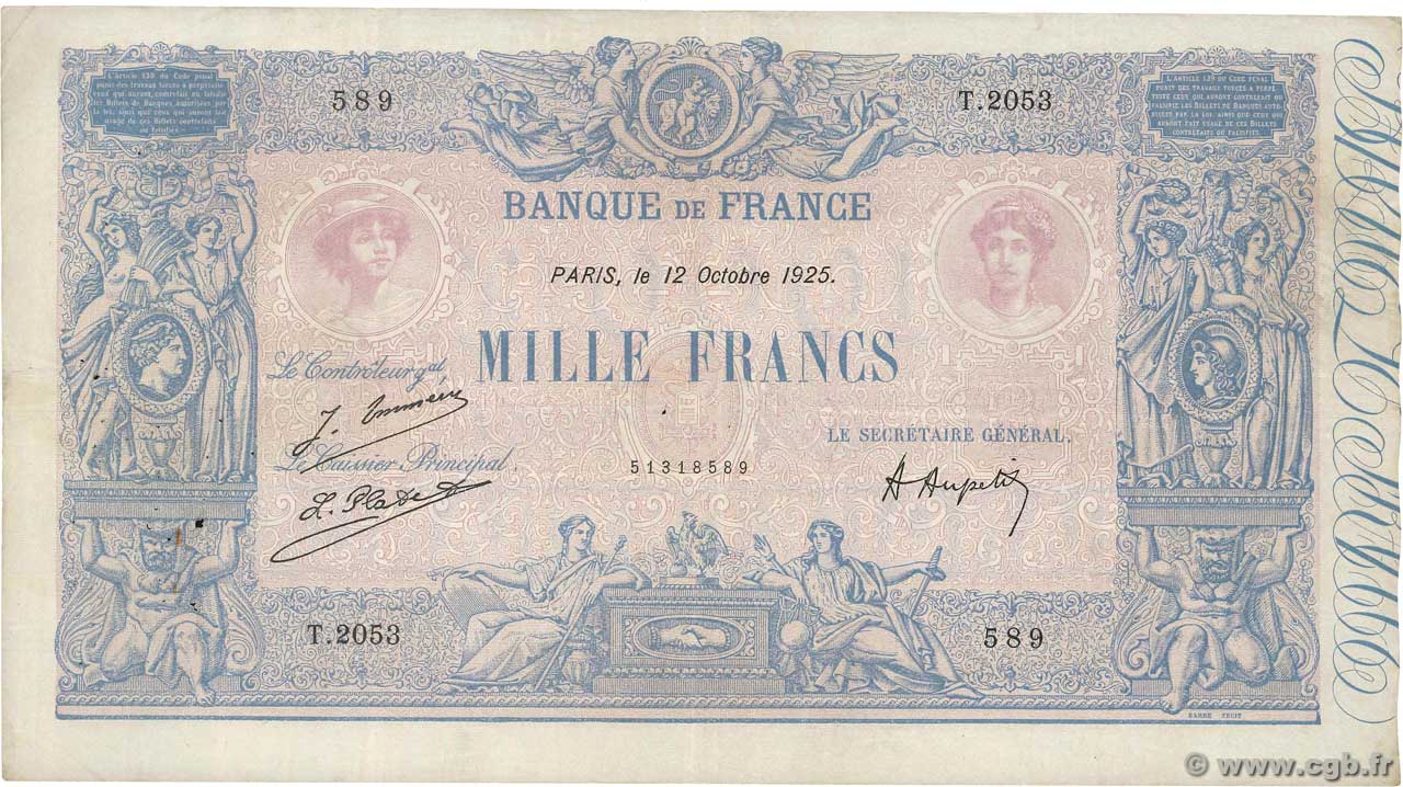 1000 Francs BLEU ET ROSE FRANCE  1925 F.36.41 TB+