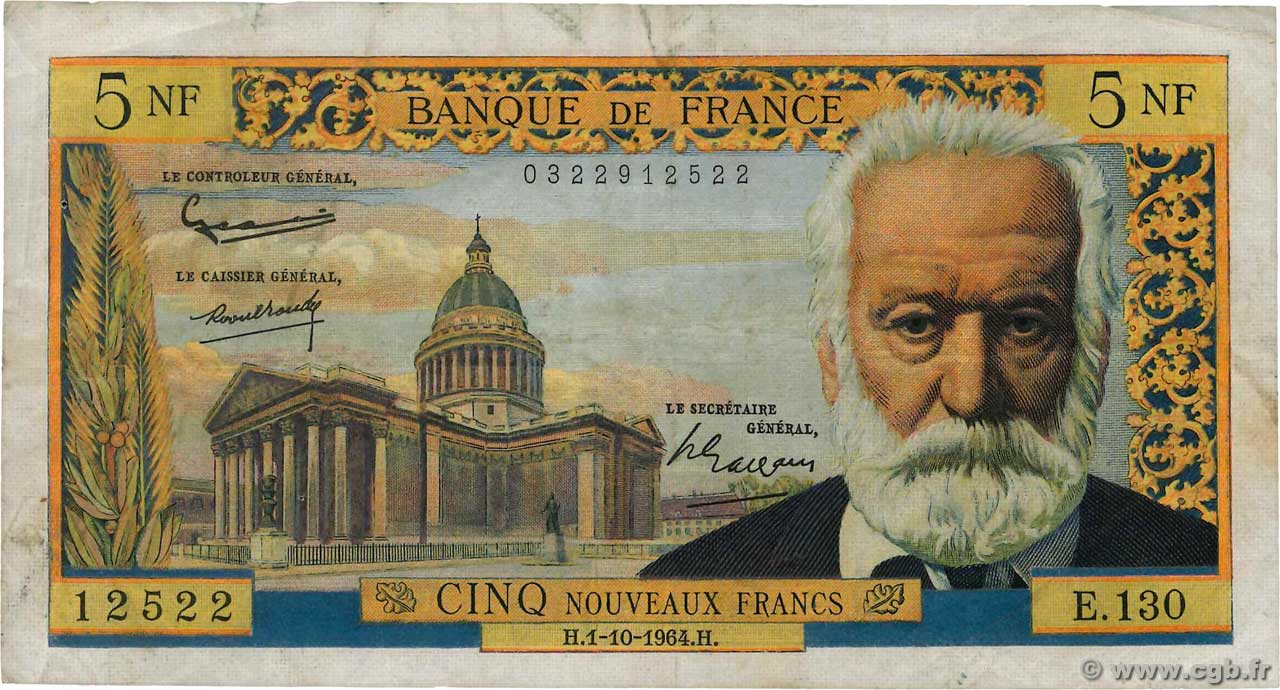 5 Nouveaux Francs VICTOR HUGO FRANCIA  1964 F.56.16 BC