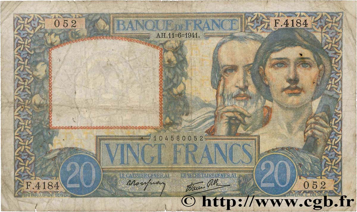20 Francs TRAVAIL ET SCIENCE FRANCE  1941 F.12.15 pr.B
