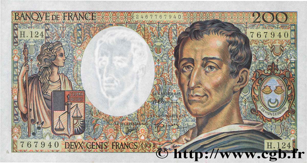 200 Francs MONTESQUIEU FRANCE  1992 F.70.12b SUP+
