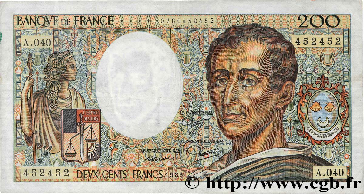 200 Francs MONTESQUIEU Numéro spécial FRANCE  1986 F.70.06 TB+