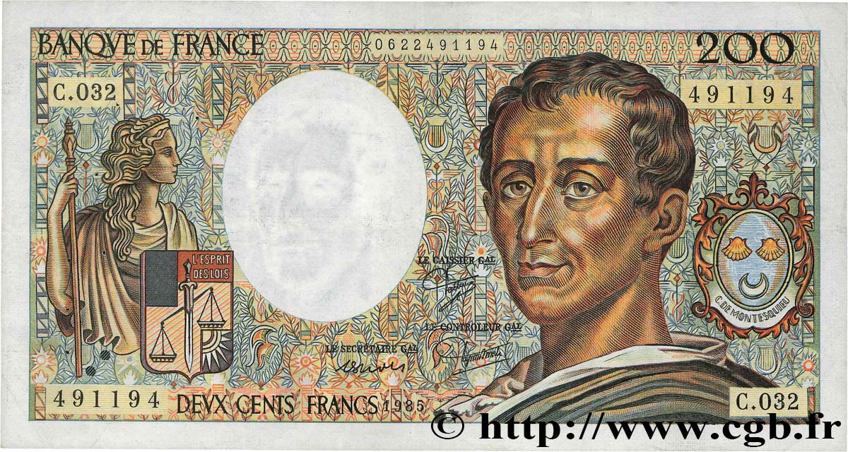 200 Francs MONTESQUIEU Numéro radar FRANCIA  1985 F.70.05 BC+