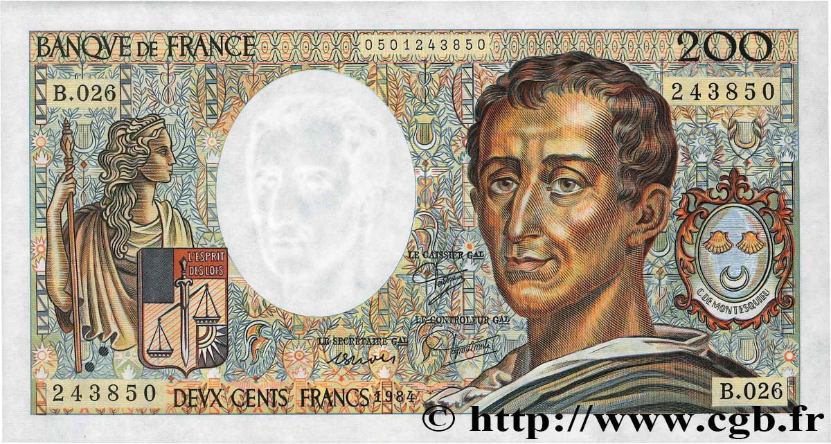 200 Francs MONTESQUIEU FRANKREICH  1984 F.70.04 VZ