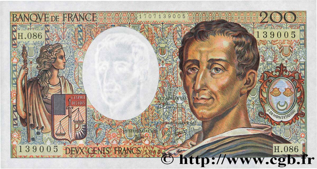 200 Francs MONTESQUIEU FRANCIA  1990 F.70.10a AU+