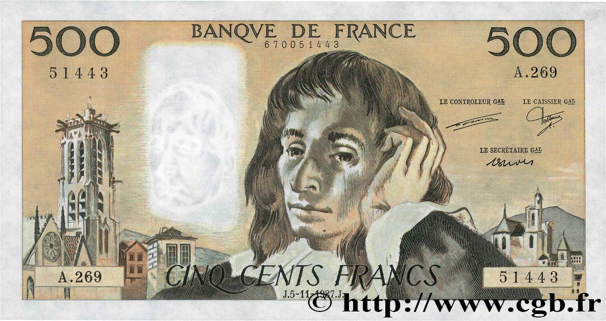 500 Francs PASCAL FRANKREICH  1987 F.71.37 VZ+