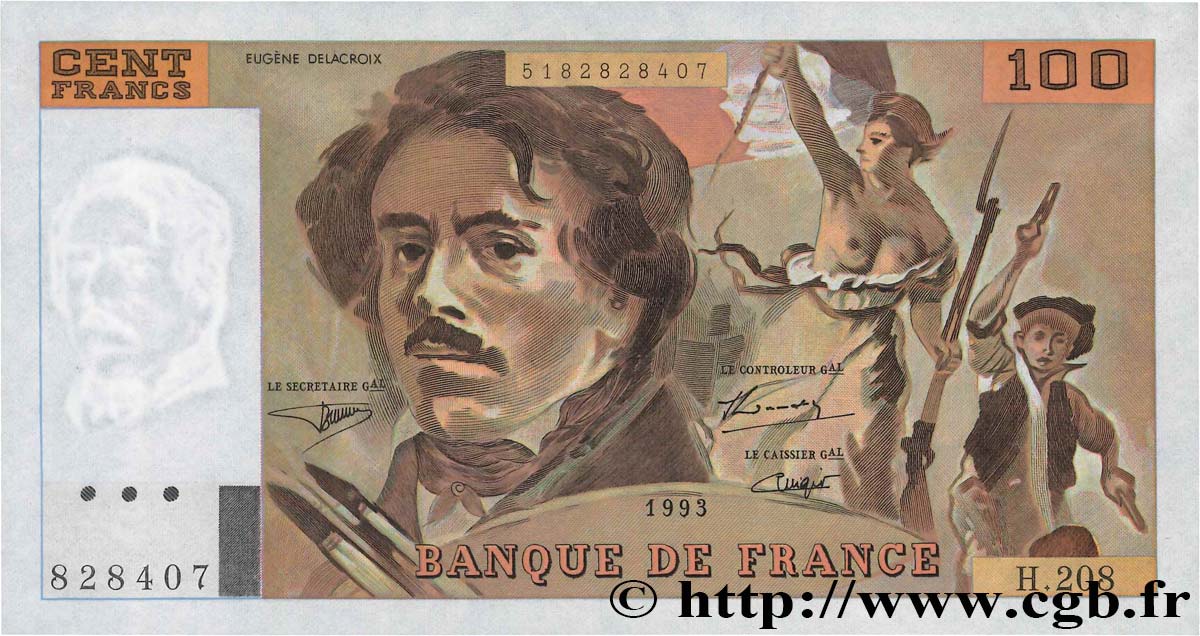 100 Francs DELACROIX imprimé en continu FRANCIA  1993 F.69bis.05 AU+