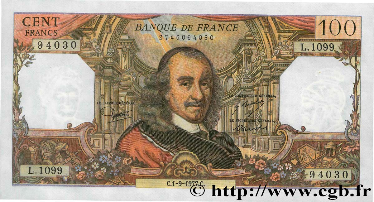 100 Francs CORNEILLE FRANCE  1977 F.65.59 UNC