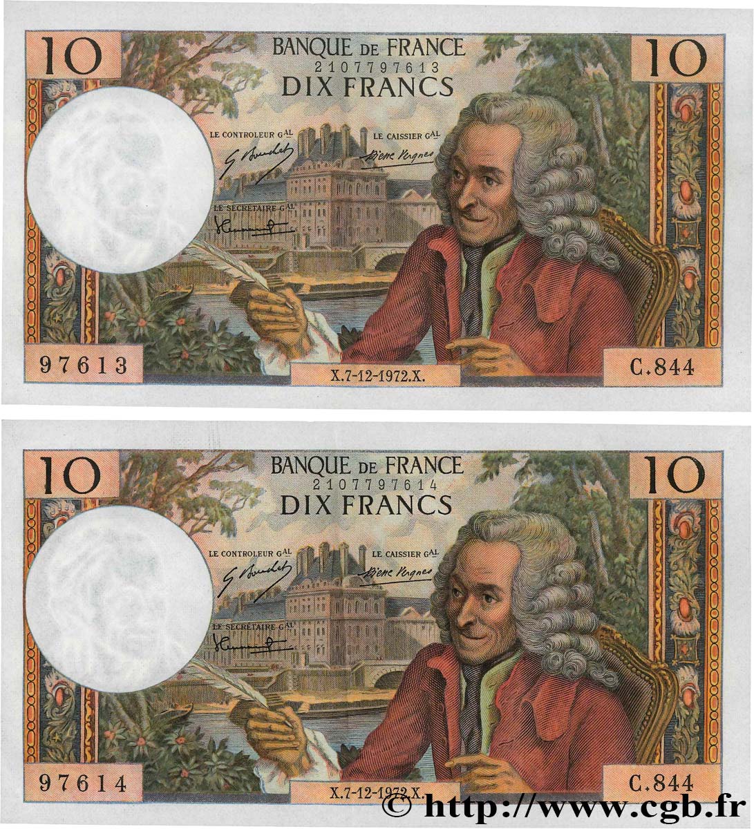 10 Francs VOLTAIRE Consécutifs FRANCE  1972 F.62.59 XF