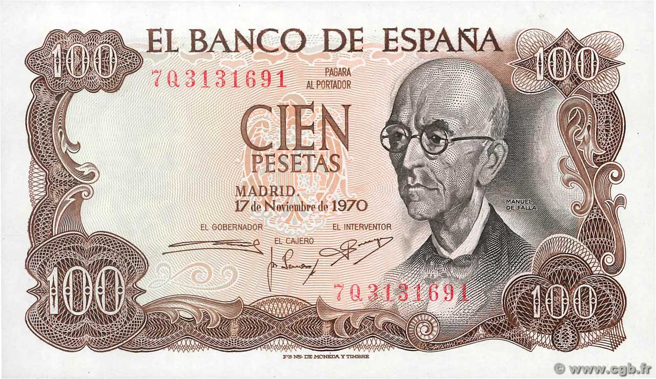 100 Pesetas SPAIN  1970 P.152a AU