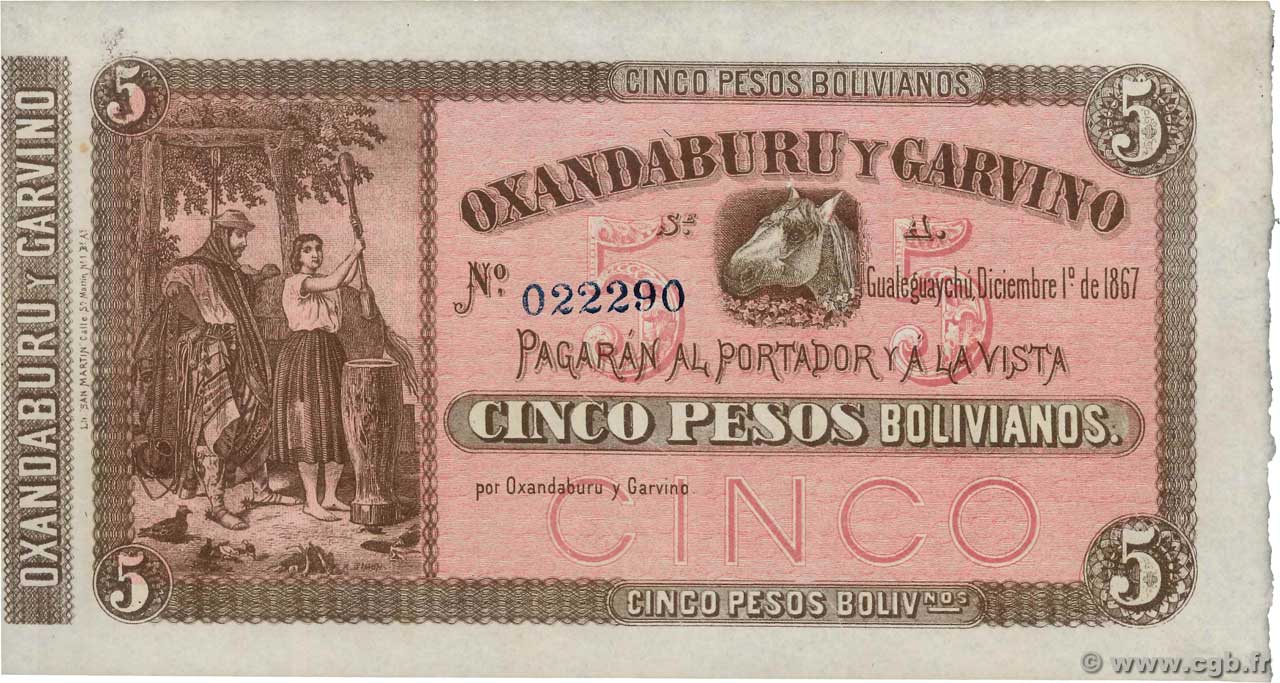 5 Pesos Bolivianos Non émis ARGENTINA  1867 PS.1776r SC