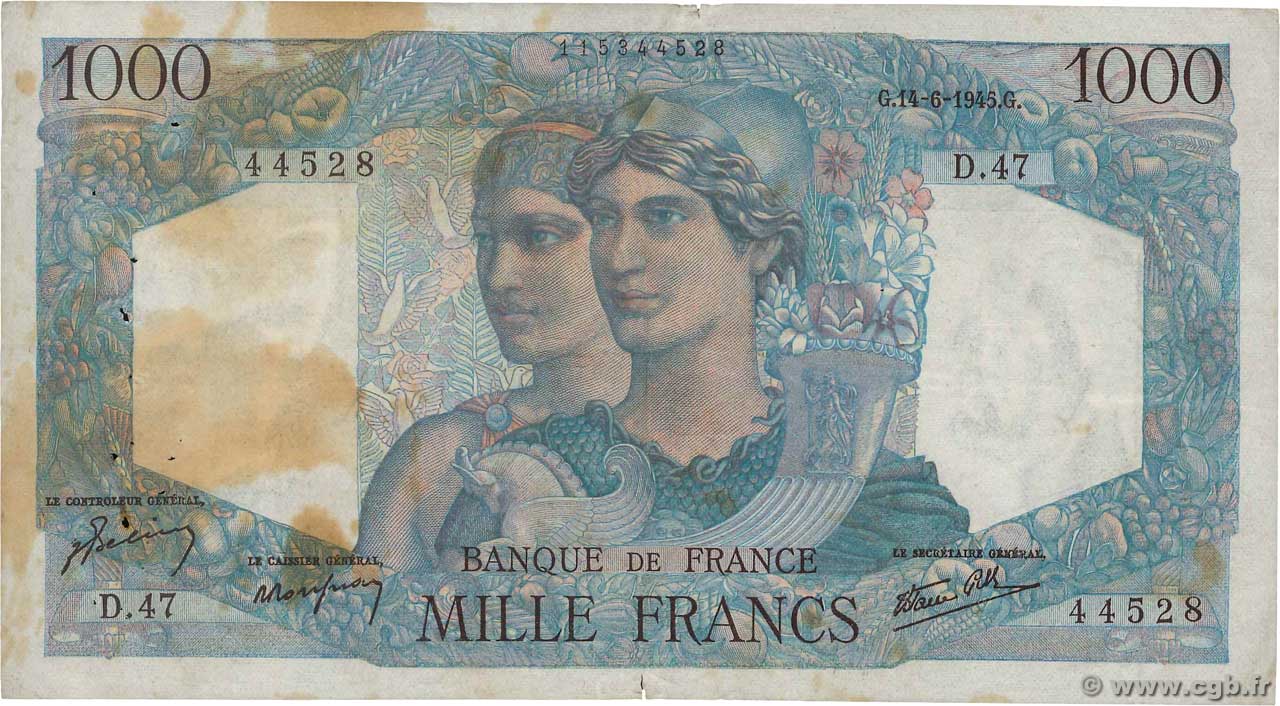 1000 Francs MINERVE ET HERCULE FRANCE  1945 F.41.04 VF-