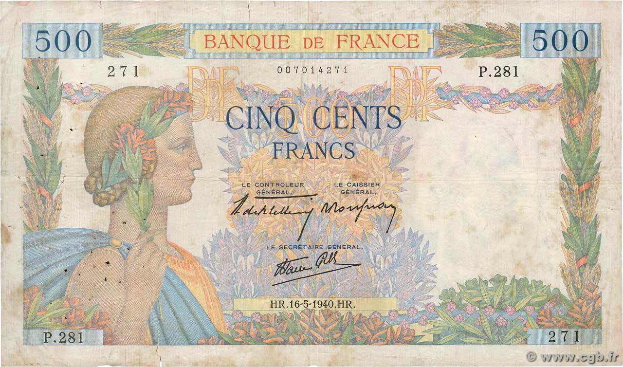 500 Francs LA PAIX FRANCE  1940 F.32.02 VG