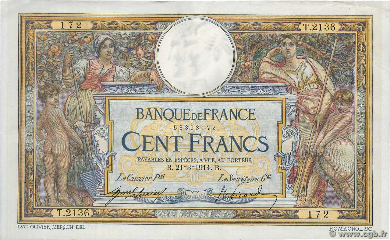 100 Francs LUC OLIVIER MERSON sans LOM FRANCIA  1914 F.23.06 q.SPL