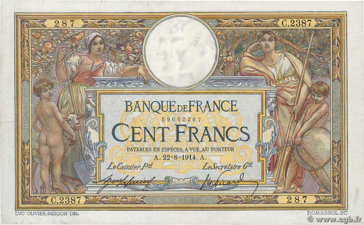 100 Francs LUC OLIVIER MERSON sans LOM FRANCE  1914 F.23.06 VF-