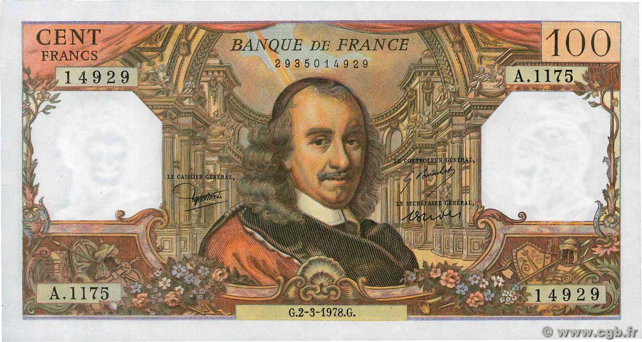 100 Francs CORNEILLE FRANCE  1978 F.65.62 UNC-