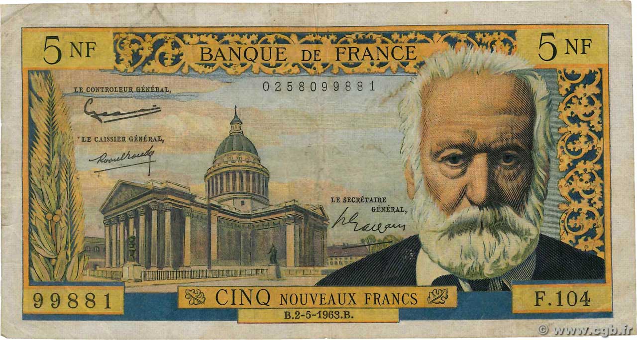 5 Nouveaux Francs VICTOR HUGO FRANCE  1963 F.56.14 pr.TB