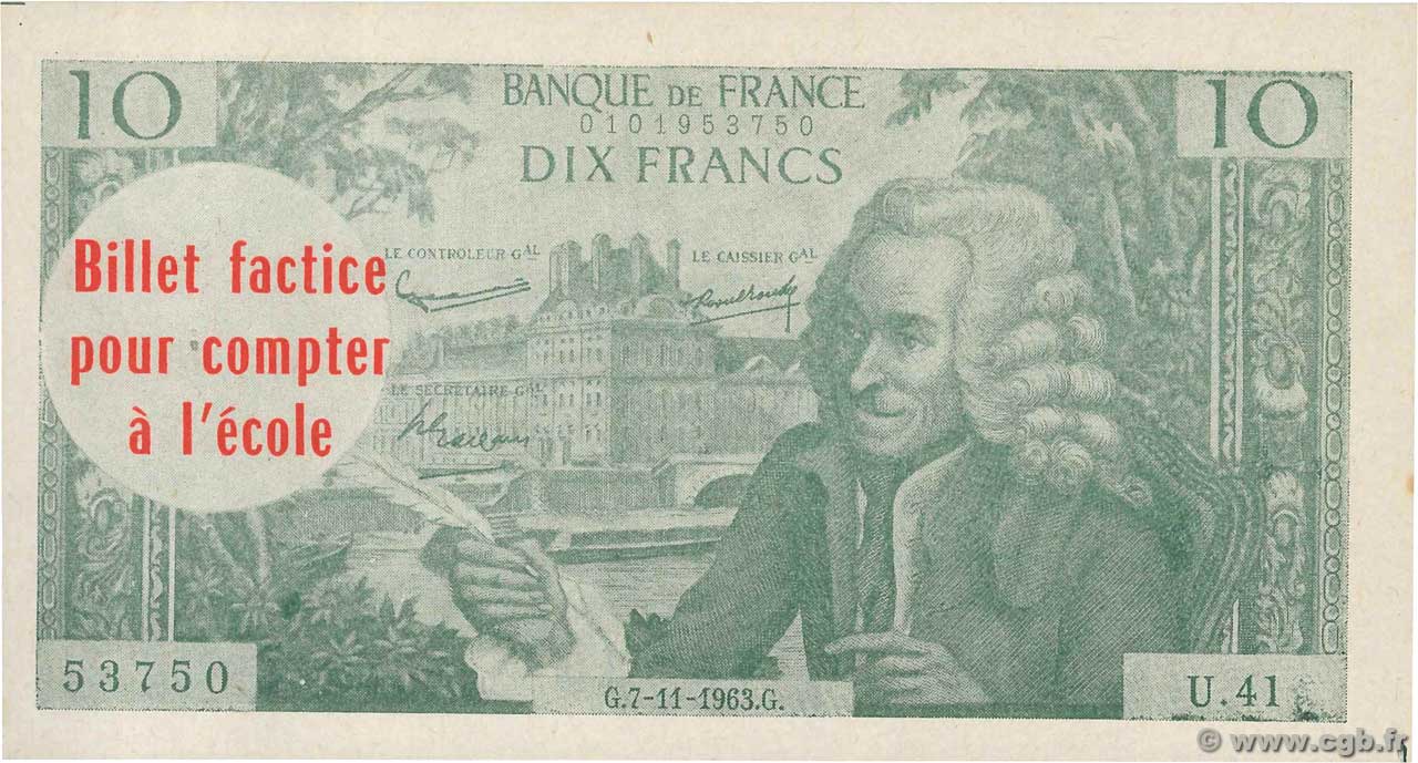 10 Francs Voltaire Scolaire FRANCE Regionalismus und verschiedenen  1963 F.(62) fST+