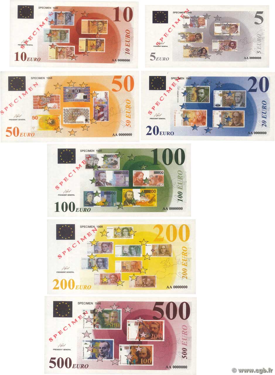 Lot de 7 Billets Spécimens Fantaisie EUROS Spécimen FRANCE Regionalismus und verschiedenen  1998  ST