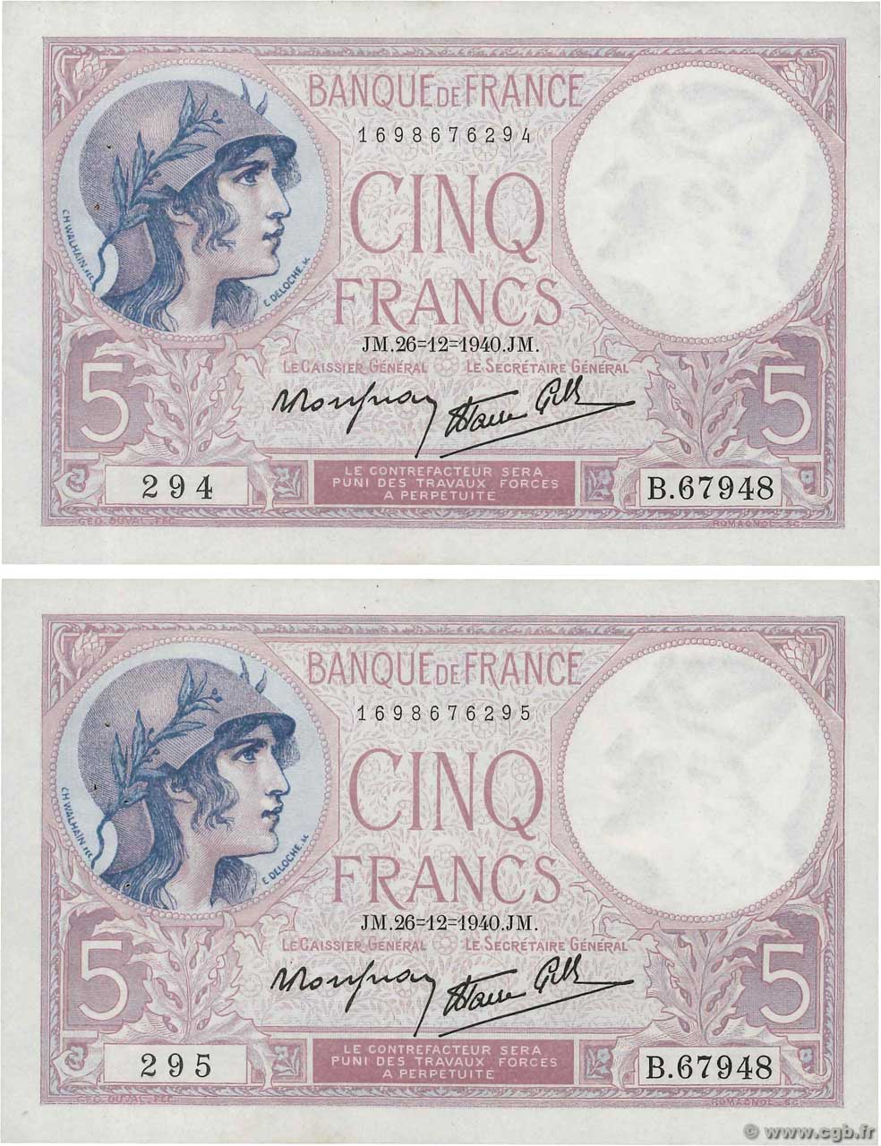5 Francs FEMME CASQUÉE modifié Consécutifs FRANKREICH  1940 F.04.18 fVZ