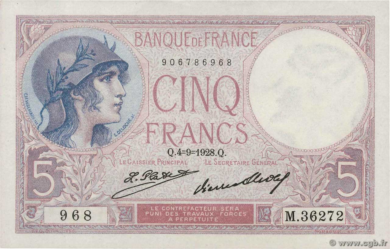 5 Francs FEMME CASQUÉE FRANKREICH  1928 F.03.12 fVZ