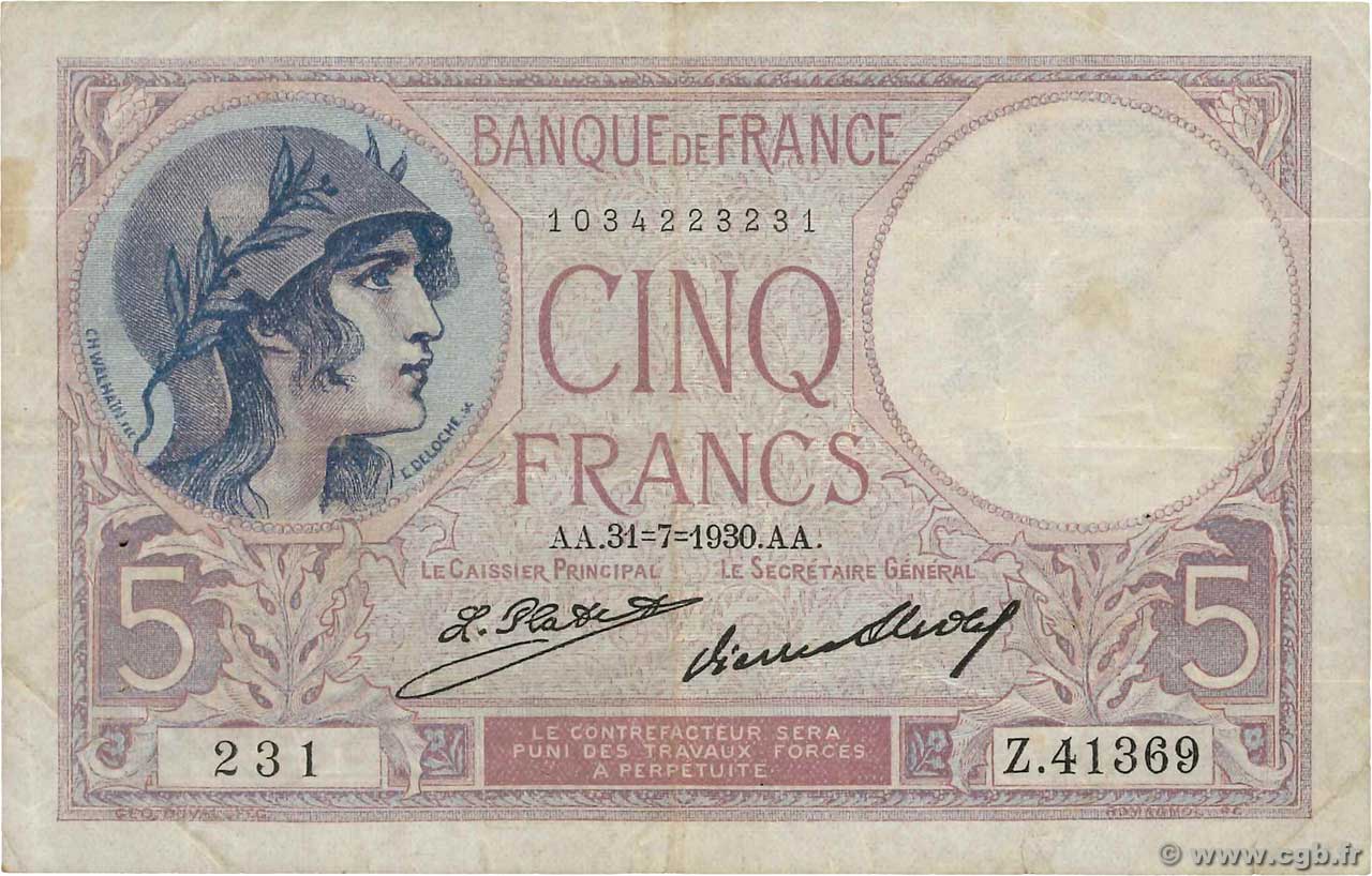 5 Francs FEMME CASQUÉE FRANCE  1930 F.03.14 TB