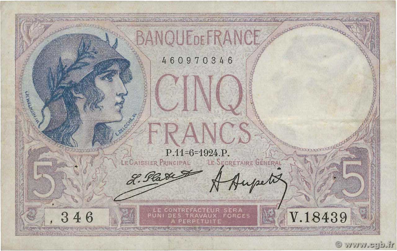 5 Francs FEMME CASQUÉE FRANCIA  1924 F.03.08 BB