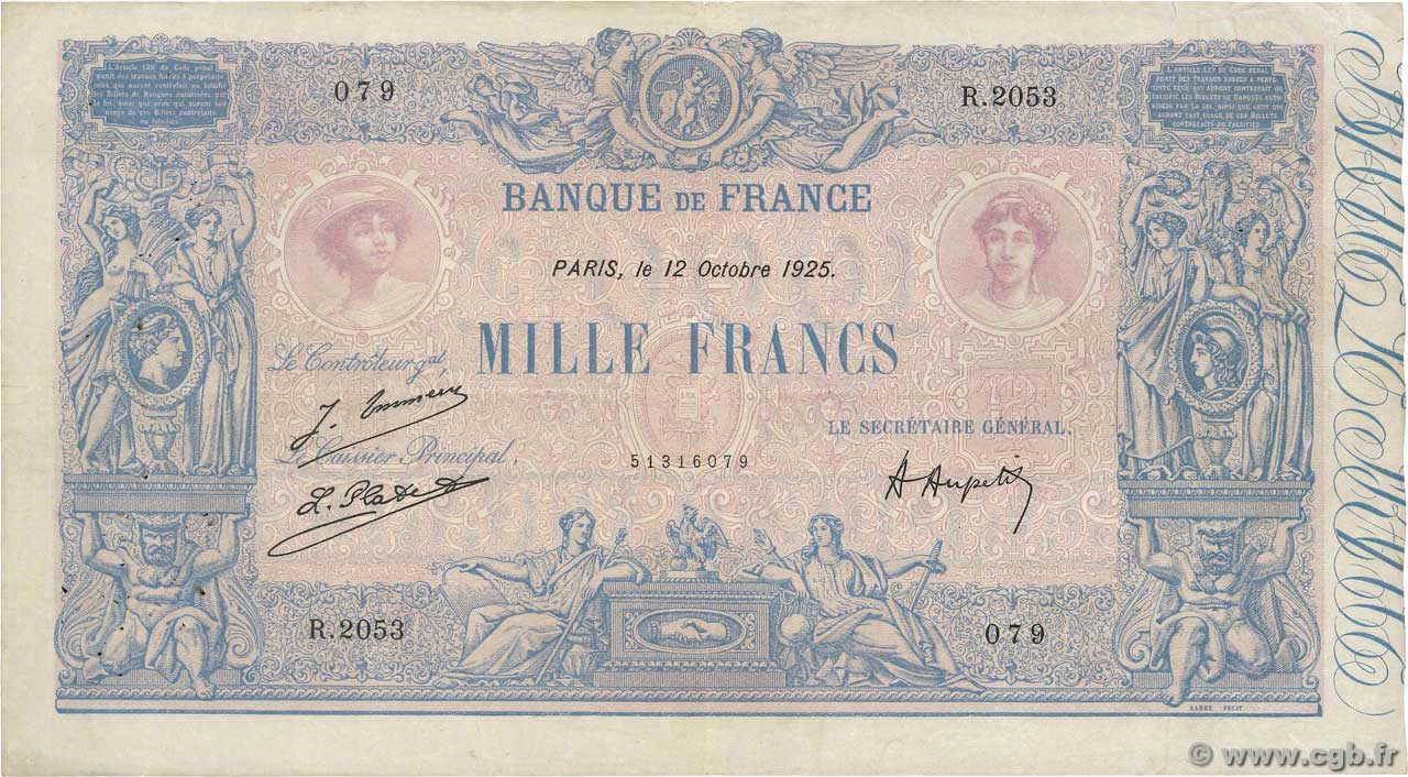 1000 Francs BLEU ET ROSE FRANCIA  1925 F.36.41 q.BB