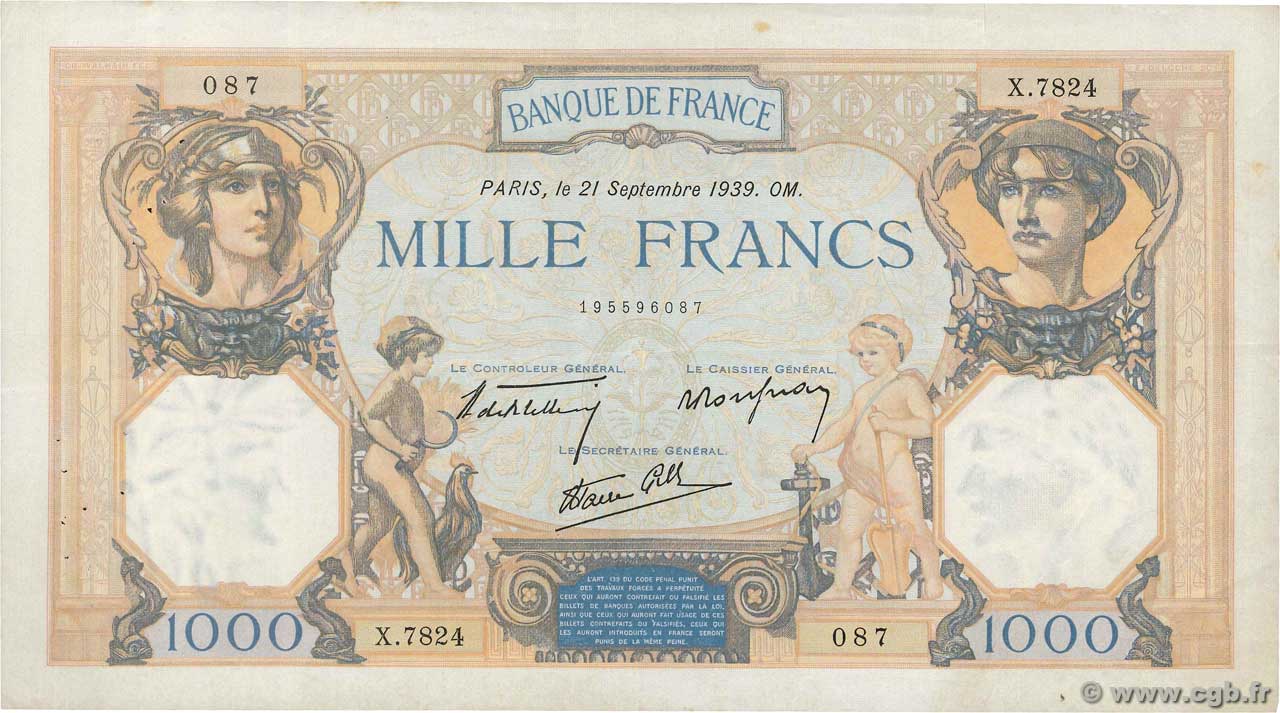 1000 Francs CÉRÈS ET MERCURE type modifié FRANCE  1939 F.38.37 TTB