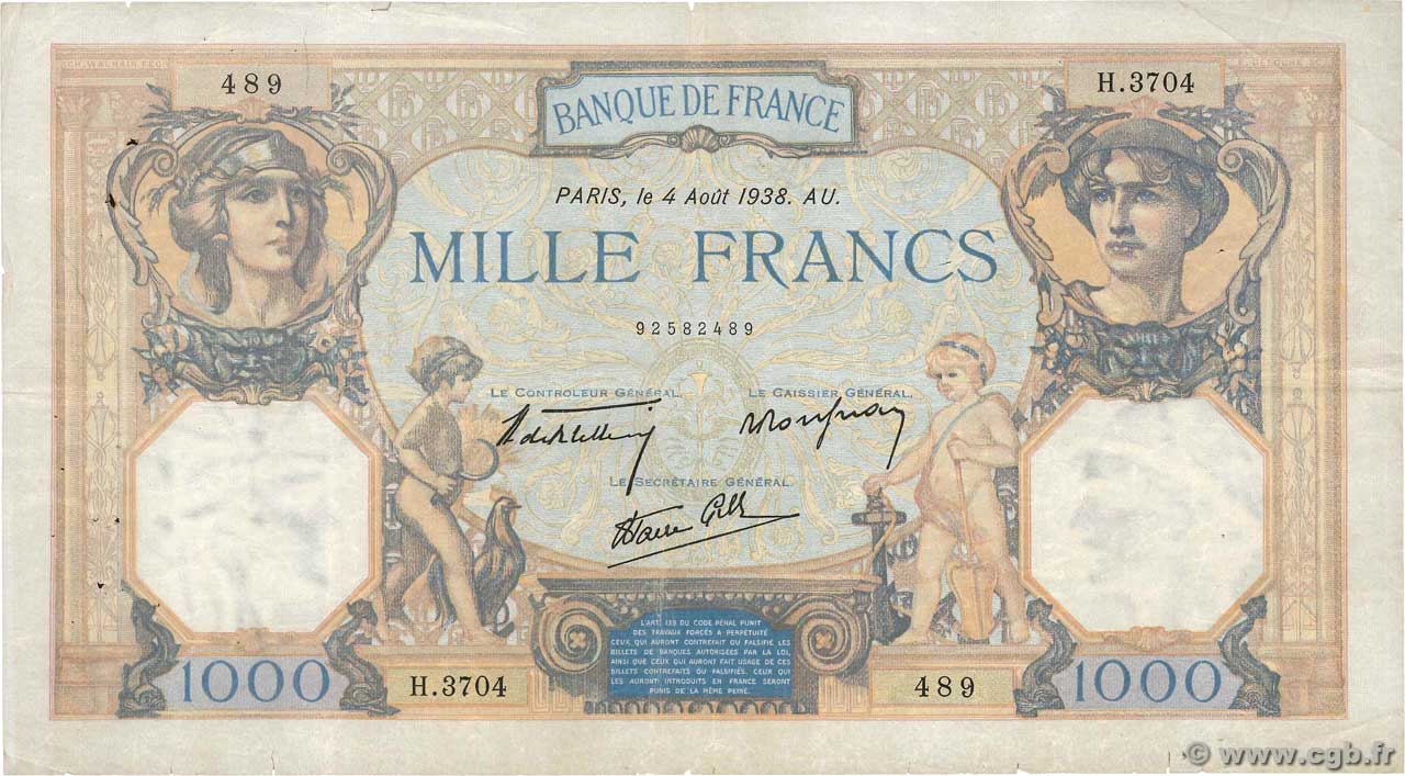 1000 Francs CÉRÈS ET MERCURE type modifié FRANCE  1938 F.38.26 pr.TB