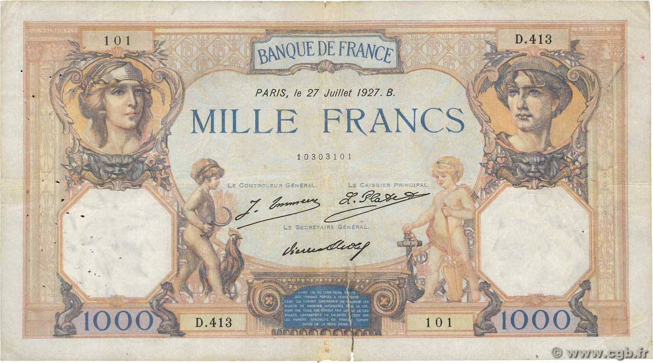1000 Francs CÉRÈS ET MERCURE FRANCIA  1927 F.37.01 RC