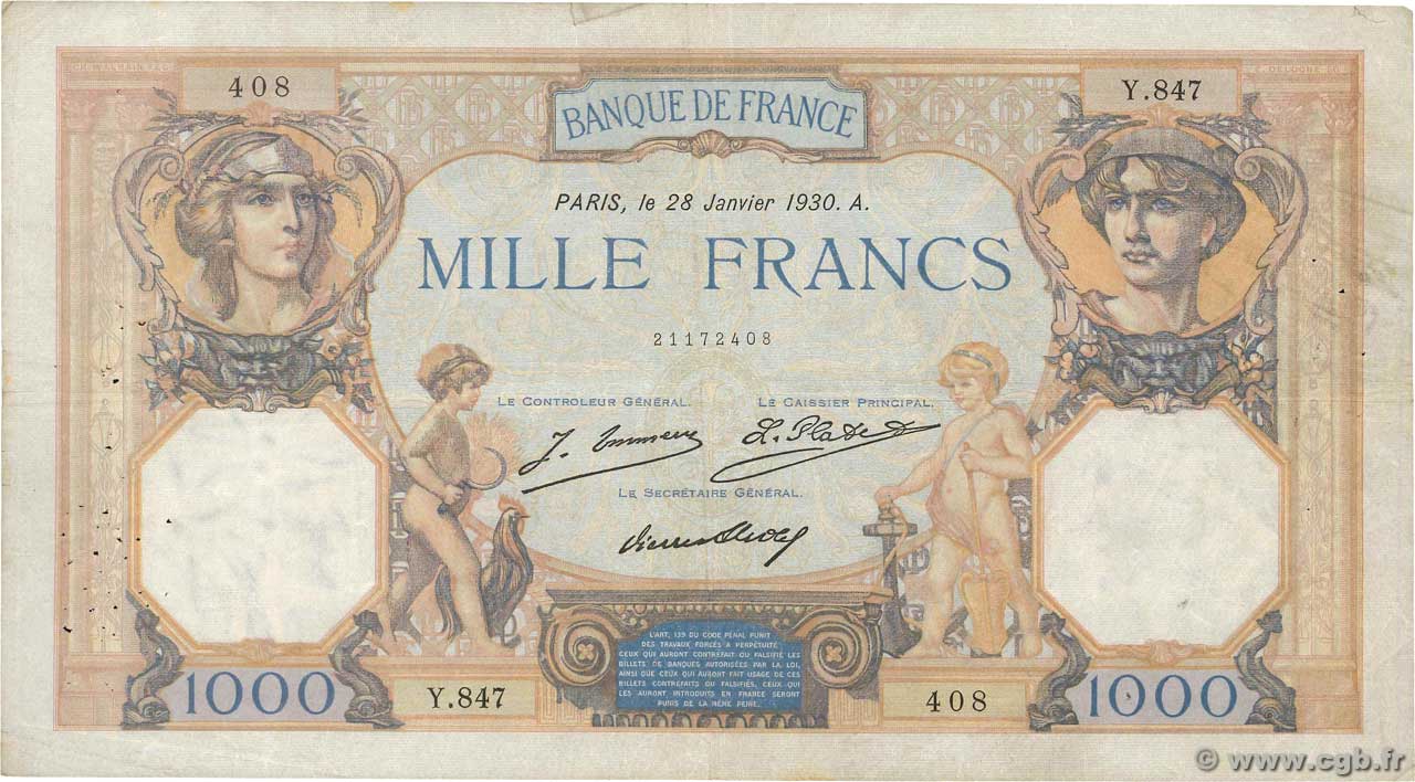 1000 Francs CÉRÈS ET MERCURE FRANCIA  1930 F.37.04 MB