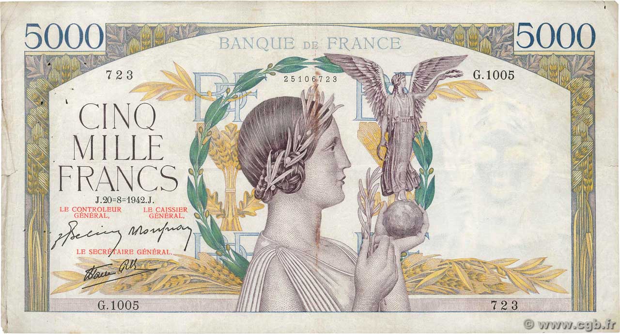 5000 Francs VICTOIRE Impression à plat FRANCE  1942 F.46.40 TB