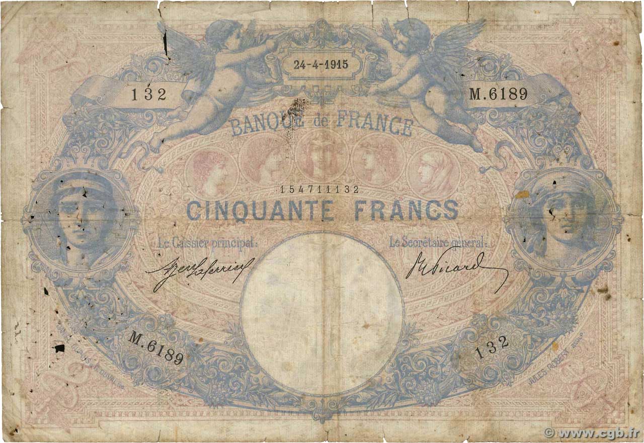 50 Francs BLEU ET ROSE FRANCE  1915 F.14.28 pr.B