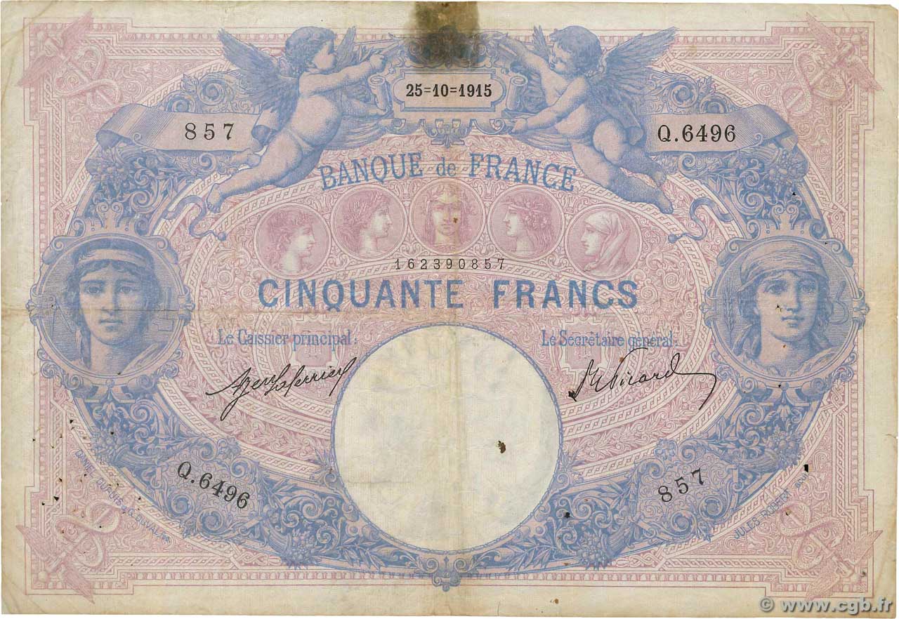 50 Francs BLEU ET ROSE FRANKREICH  1915 F.14.28 fS