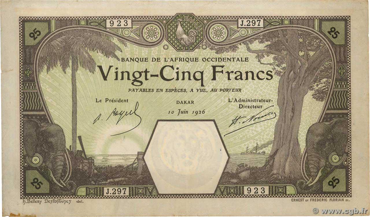 25 Francs DAKAR FRENCH WEST AFRICA Dakar 1926 P.07Bc BC+