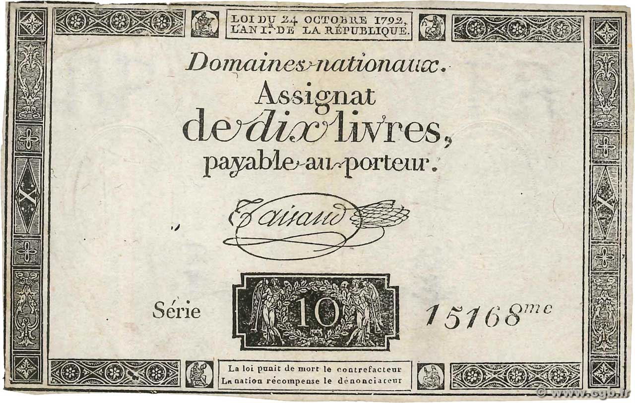 10 Livres filigrane républicain, gravure modifiée Grand numéro FRANCIA  1792 Ass.36c MBC