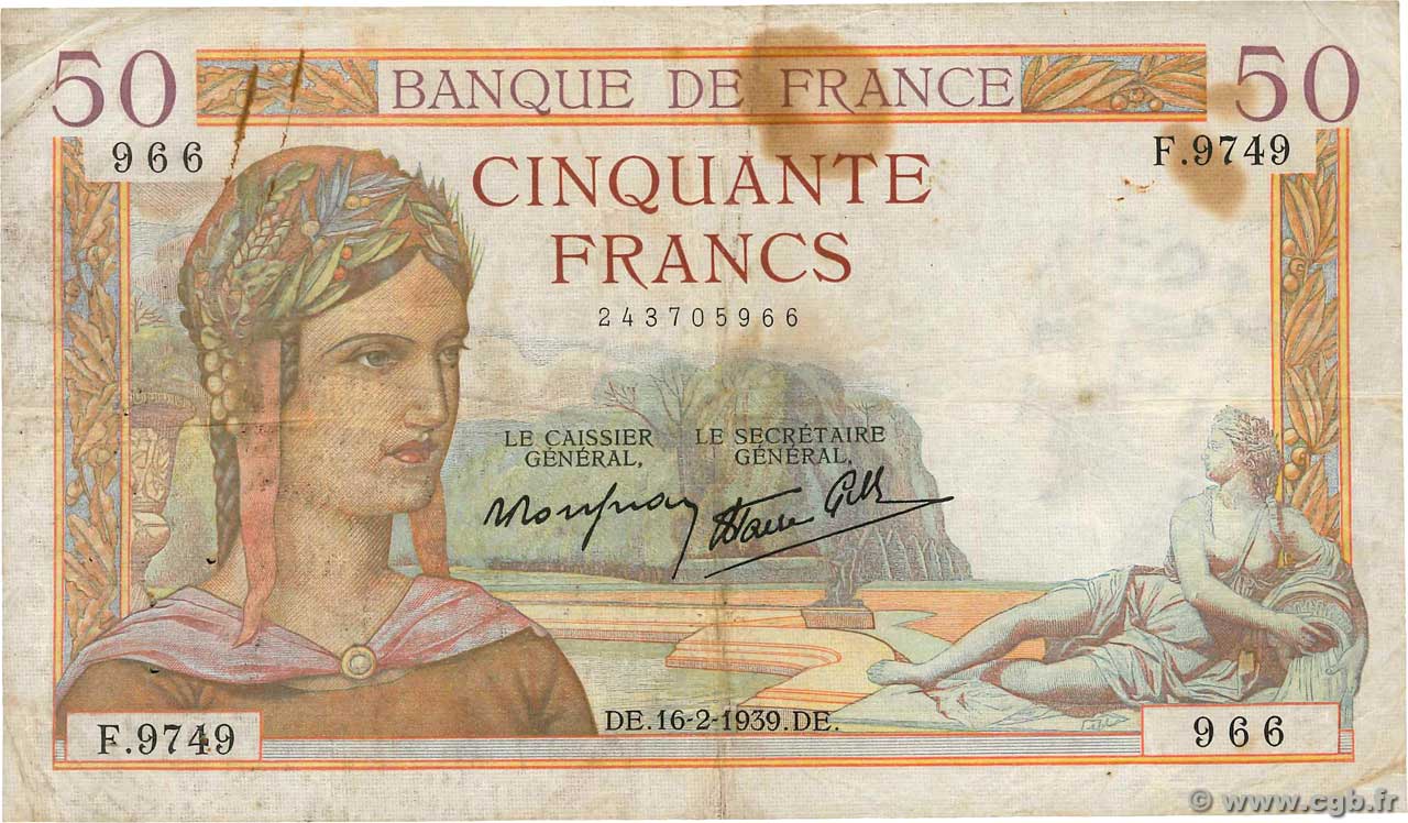 50 Francs CÉRÈS modifié FRANCIA  1939 F.18.22 RC+