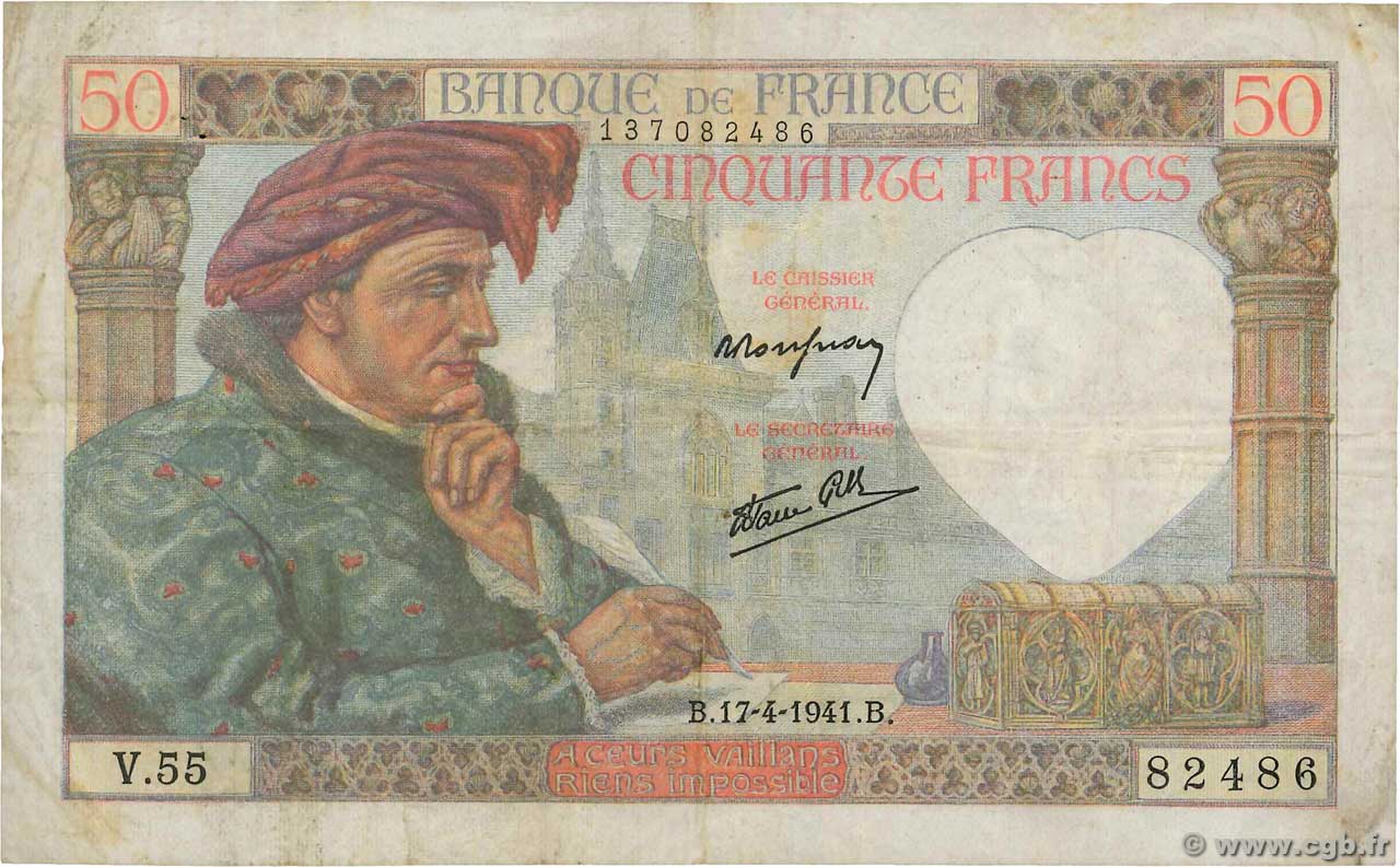50 Francs JACQUES CŒUR FRANCE  1941 F.19.08 TB+
